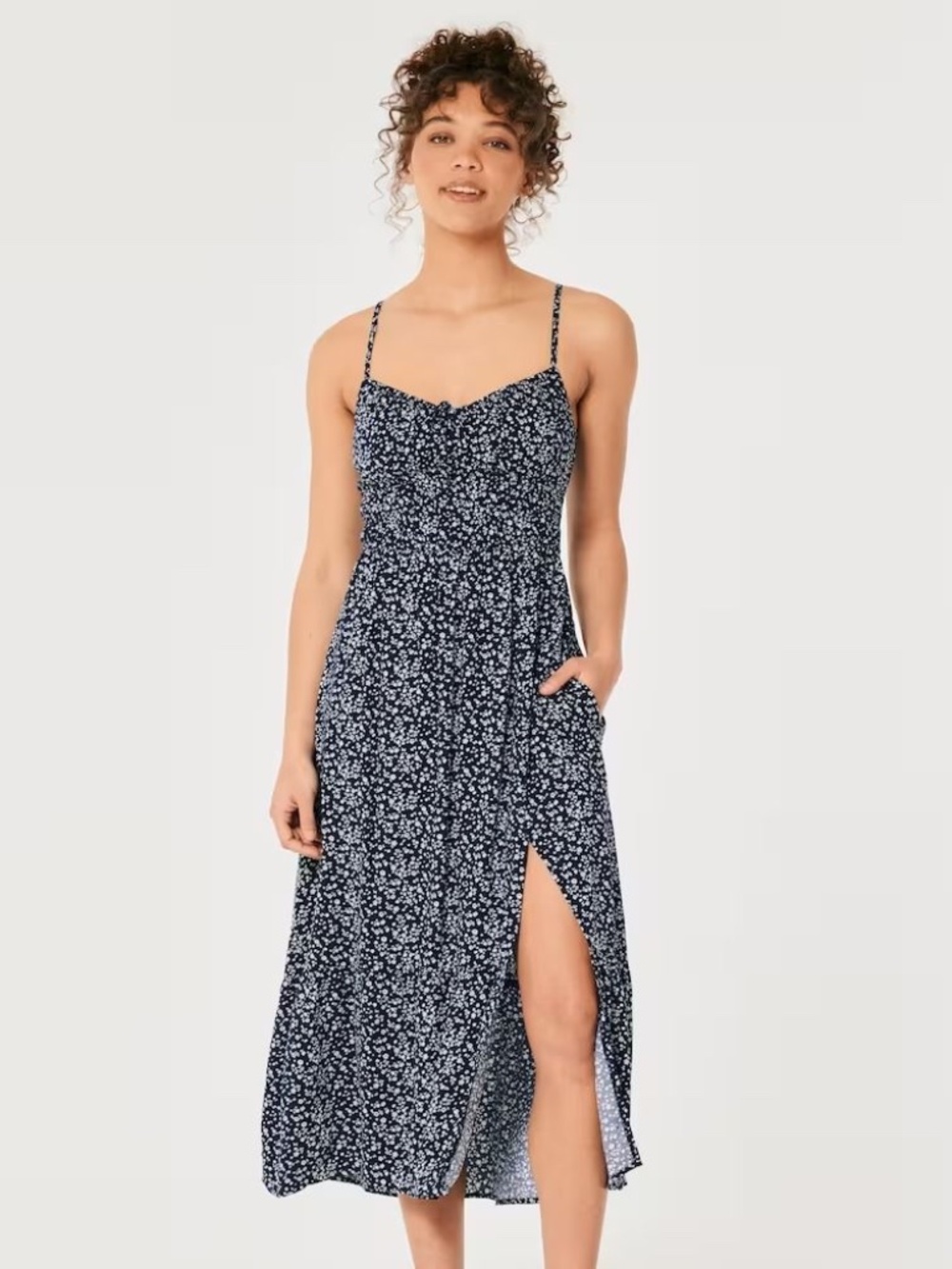 Hollister Channeled Bodice Midi Dress Large navy blue floral sundress